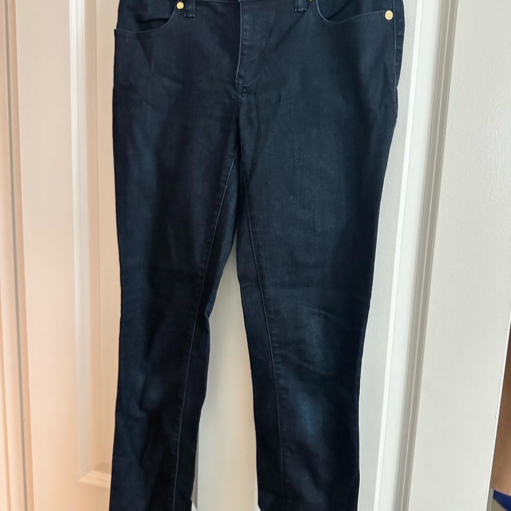 Tory Burch , Dark blue jeans with leather logo tag